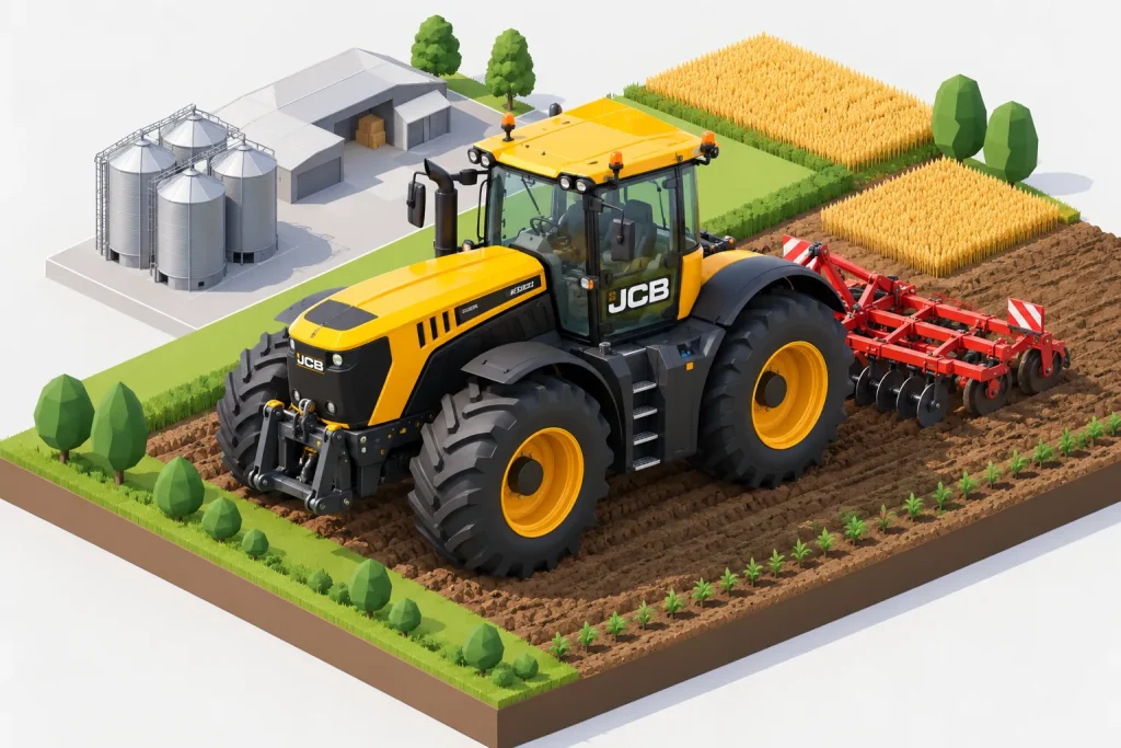 Трактор JCB Fastrac с дисковой бороной во время обработки поля — 3D-изометрия