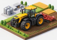 Трактор JCB Fastrac с дисковой бороной во время обработки поля — 3D-изометрия